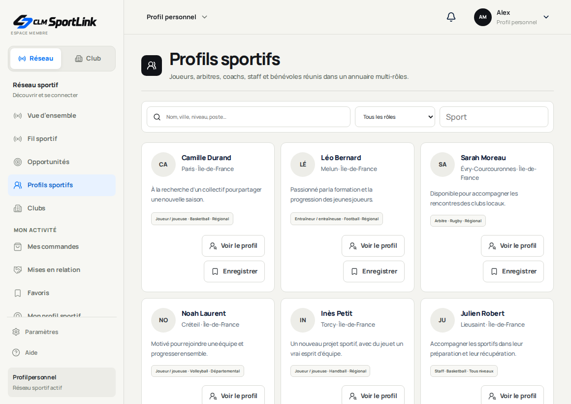 Recherche de profils sportifs dans le réseau CLM SportLink.